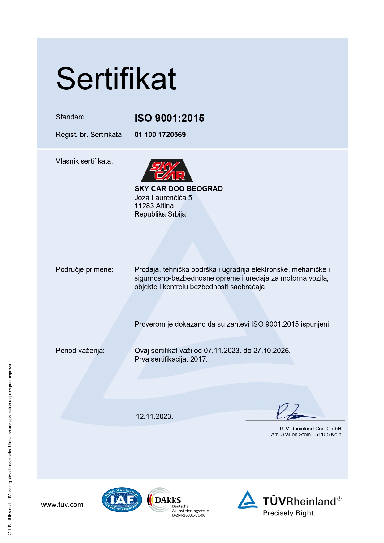Sky car elektronska zaštita sertifikat ISO 9001